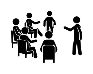 Stickman team meeting discussion icon. Group of six people sitting and talking together, brainstorming, teamwork, business presentation, seminar, training, education vector illustration isolated.