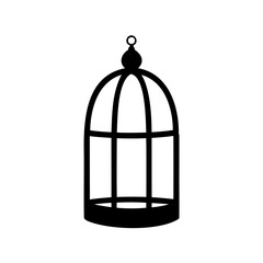 Silhouette of an antique birdcage with a spherical design and hanging ring