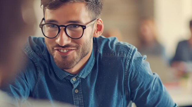 Cheerful man engaging in conversation with a smile.