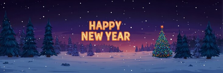 The picturesque landscape is dominated by a beautifully decorated Christmas tree, resplendent ornaments, trees heavily blanketed with snow, and delicate snowflakes drifting downwards under a