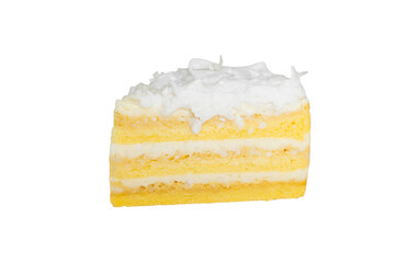 Piece of homemade coconut cake with  soft cream and sliced coconut  decoration isolated on white background including clipping path