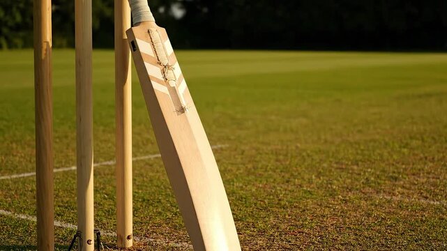 Cricket bat and wickets standing on green grass outdoors