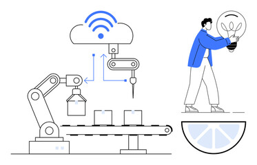 Factory robotic arm assembling products, wireless technology in operation, person holding a lightbulb for innovation. Ideal for technology, automation, creativity, manufacturing, connectivity
