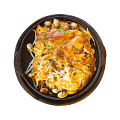 top view of Oyster Omelet on hot pan isolated on white background including clipping path