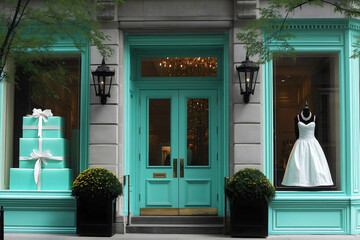 Storefront mockup with turquoise blue facade double doors gift box display white dress mannequin pearl jewelry and elegant architectural details at upscale retail location.
