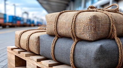 Close-Up of Wrapped Packages on a Wooden Pallet in an Industrial Setting