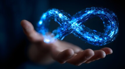 Glowing blue infinity symbol, representing a concept of endlessness and innovation, levitates above a hand within a dark blue background, conveying a futuristic and digital aesthetic, suggesting a...