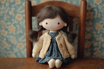 A handmade doll with pigtails and a sweater sits on a wooden chair, facing the viewer