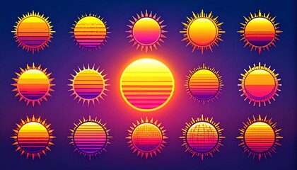 Retro sun icons set on a gradient background