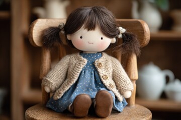 A handcrafted doll with pigtails, dressed in a blue dress and cardigan, sitting on a wooden chair