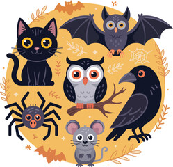 Fototapeta premium Cute Halloween Characters Including Black Cat, Bat, Owl, Spider, Raven and Mouse Keywords: halloween, cute, characters, black cat