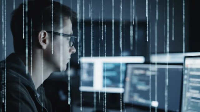 Focused Developer Working on Cybersecurity in Data Center Under Digital Rain