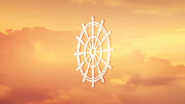 Dharma wheel rotates against an orange and cloudy sky. Buddhist symbol represents the path to enlightenment and eternal wisdom. Footage.