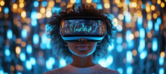 African Woman Analyzing Financial Data in Virtual Reality and Exploring Digital Investment Trends