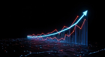 Dynamic neon stock chart illustration rising upward, futuristic data visualization in a dark environment, glowing pattern grid lines, cinematic lighting, vibrant electric tones, digital financial back