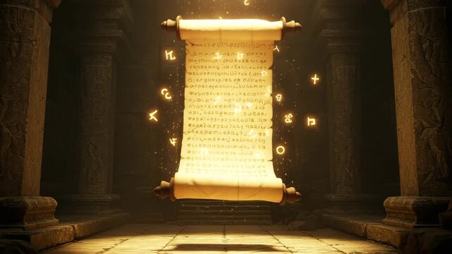 Ancient scroll floating in temple, magical glowing manuscript