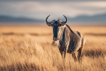 A majestic wildebeest stands in a grassy field, golden light illuminating the landscape