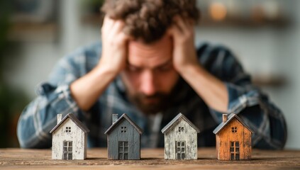 A man with hands on head, blurred, looking at miniature houses lined up