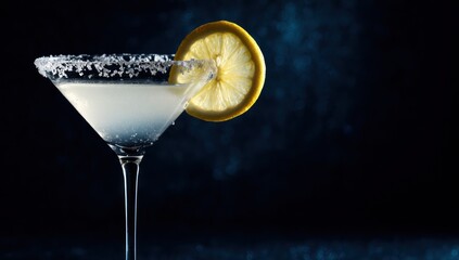 A martini glass with a salt rim and lemon slice against a dark, speckled background