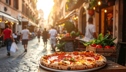 Fototapeta premium Pizza in a bustling Roman street at sunset