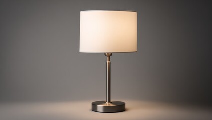 A metallic table lamp with a white lampshade illuminates a dim backdrop