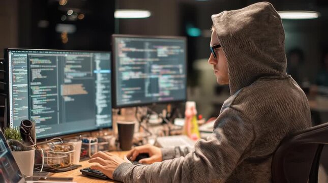 Focused programmer working at night with code.