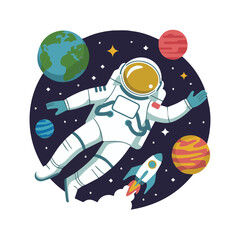 Fototapeta premium Cute little astronaut floating in space cartoon illustration for t-shirt, sticker and more designs