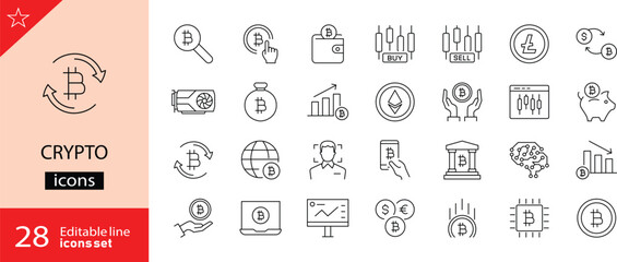 Crypto icons set. Includes symbols of cryptocurrency, blockchain, bitcoin, digital wallet, mining, trading, and decentralized finance. Editable stroke. Vector illustration. Outline icons. 