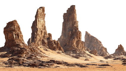 Rugged sandstone peaks rise above a vast desert expanse
