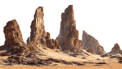 Rugged sandstone peaks rise above a vast desert expanse