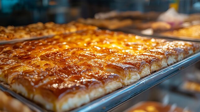 A closeup shot of a turkish dessert, showcasing its golden, syrupy surface and intricate pattern, tempting viewers with its rich sweetness