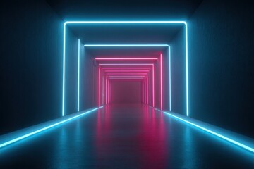 A neon-lit tunnel of receding square frames in shades of blue and pink, reflecting
