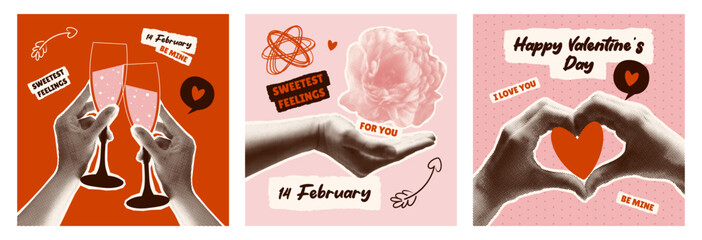 Set of romantic cards with love elements for Valentine’s Day.Modern collage style with halftone hands, flowers, champagne, doodles,Cupid’s arrows, hearts, and love text.Perfect for February 14 designs