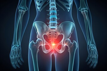 Anatomical illustration of the human skeletal system focusing on the pelvis and spine with a red highlight indicating pain or inflammation isolated on white background