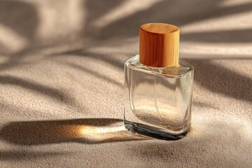 A perfume bottle with wooden cap rests on sand, shadows fall across the surface