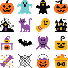 Halloween Icons Collection With Pumpkins Ghosts Cats And Haunted House Keywords: halloween, icon, set, pumpkin, ghost, cat, haunted