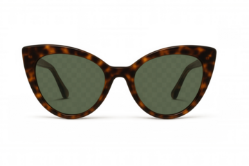 Cat-eye sunglasses with tortoiseshell frame and dark green lenses, representing summer fashion and vintage style, transparent background