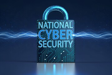 Glowing padlock with national cyber security text and electric blue energy streams isolated on white background