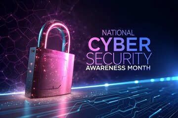 Glowing pink padlock representing cybersecurity awareness month isolated on white background