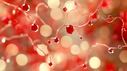 Abstract red spheres on threads with bokeh background, conceptual technology.