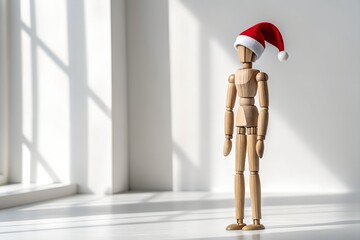 Wooden mannequin wearing a santa hat isolated on white background