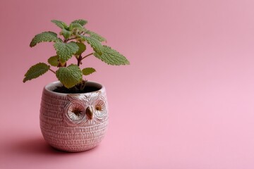 A potted green plant with textured leaves sits in an owl-shaped container, against a pink backdrop
