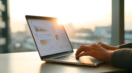 A person works on a laptop displaying financial data, typing on the keyboard with hands in a shot.