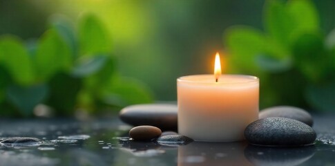 Serene Spa Atmosphere Luxurious Candle Burns Softly Amidst Polished Stones and Lush Greenery, Perfect for Relaxation and Self-Care