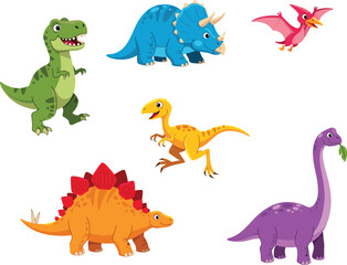 Colorful cartoon dinosaur vector set featuring T-Rex, Triceratops, Pterodactyl, Stegosaurus, and more on white background for kids