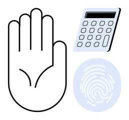 Fototapeta premium Outlined hand, fingerprint scan, and digital authentication device represent biometrics in security and fintech. Ideal for technology, security, identity, fintech, accessibility, innovation data