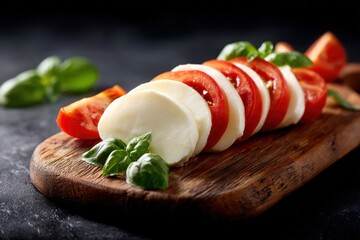A rustic wooden board displaying a caprese salad sliced tomatoes, mozzarella, and basil