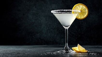 A salt-rimmed cocktail garnished with a lemon slice sits on a dark surface, elegant lighting