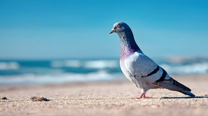 Elegant dove with iridescent plumage stands regally on sun-kissed beach sand, overlooking the tranquil blue ocean under a clear sky on a bright, sunny day.