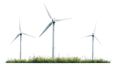 Three tall wind turbines stand in a grassy field against a dark background, generating energy